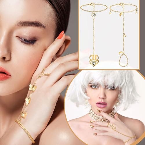 Fumete 6 Pcs Finger Ring Bracelet, Hand Chain Jewelry | Slave Bracelet Woman, Rhinestone Hand Harness Chain, Rose Gold Silver Hand Jewelry, Daily Wear Parties Events Accessory thumbnail 4