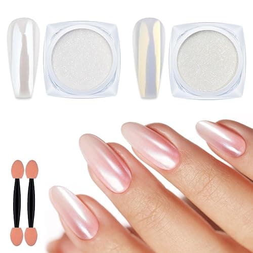 Artdone 2 Jars Chrome Nail Powder White and Gold Pearl | Iridescent Aurora Powder Metallic Mirror Effect Pigment Pearlescent Mermaid Pearl Glitter Dust Kit - Image 1