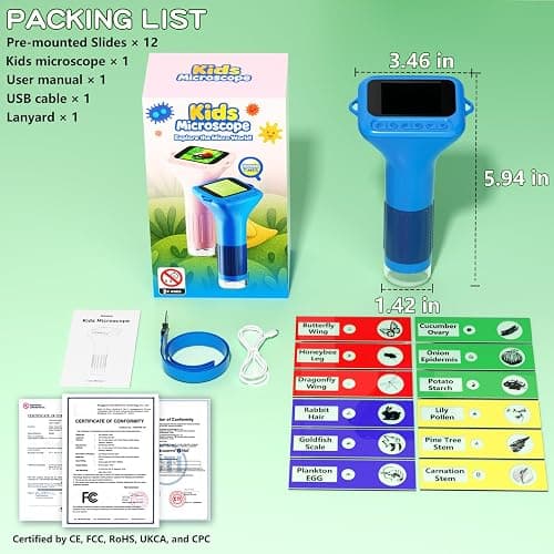 Odatay Microscope for Kids with 12 Slides, 100X-1000X 1080P Digital Handheld Kids Microscope, Mini Portable Pocket Miniscope Science Toys Gifts for 3+ 4 5 6 7 8 9 10 11 12 Year Old Boys Girls, Blue thumbnail 8