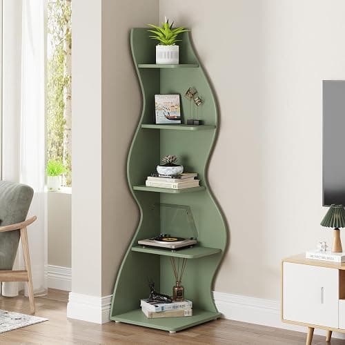 Tribesigns Corner Shelf, Modern 5-Tier Wall Corner Bookshelf, Stylish Corner Small Bookcase Storage Rack Plant Stand with Unique Shape for Living Room, Home Office (Sage Green, 1PC) thumbnail 5
