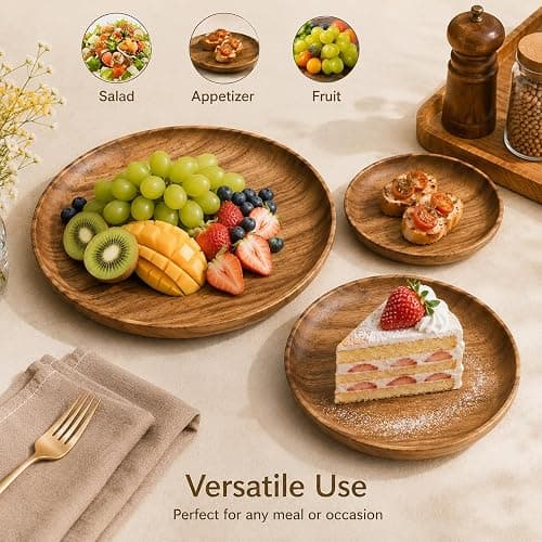 MinBoo Wooden Acacia Plates set of 3, 9-6Inch Wood Acacia Serving Trays, Farmhouse Kitchen Plates, Reusable Wooden Dishware for Dining, Appetizers, Snacks, Parties (oval) thumbnail 4