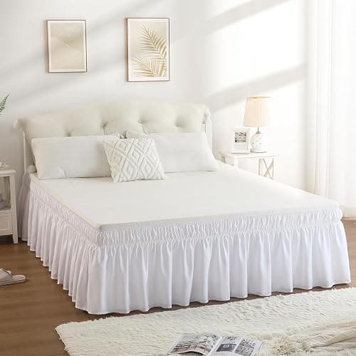 RIMELA Queen Bed Skirt 14 Inch Drop White, Wrap Around Elastic Bed Skirts Queen Size Dust Ruffle, Bedskirt for Adjustable Bed Base Solid Silky Fabric Machine Washable Easy to Install thumbnail 4