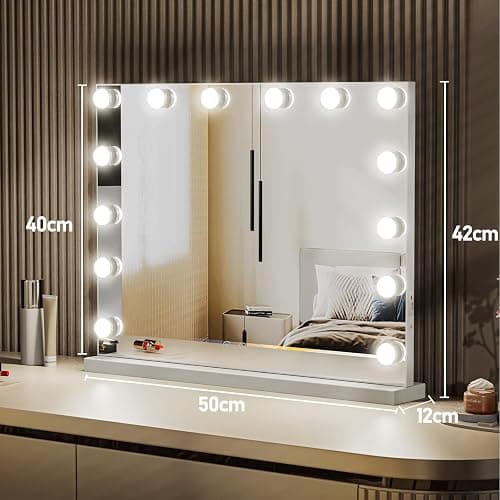 LIANWANG Hollywood Schminkspiegel mit Beleuchtung, Tischspiegel mit 14 LED Licht Dimmbar, 3 Farbtemperatur, Wandspiegel mit Touchscreen, Touch Control für Tochter, 50x42cm thumbnail 2
