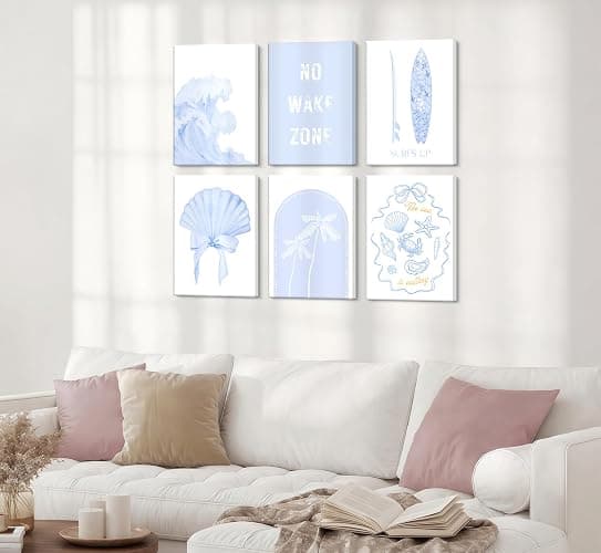 6pcs Blue Coastal Beach Wall Art Coastal Granddaughter Bow Shells Aesthetic Painting Picture Wall Decor No Wake Zone Preppy Poster Print Artwork for Living Room Bedroom Bathroom Dorm Home Decoration thumbnail 2