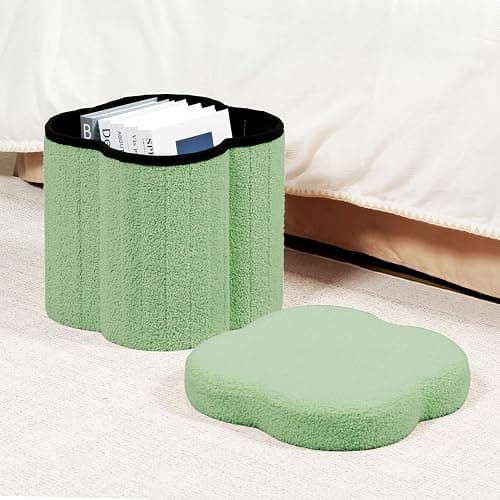 B FSOBEIIALEO Storage Ottoman Cube, Flowers Shaped Ottomans with Storage Foot Stool Footrest for Lving Room, Boucle Ottoman Seat for Dorm Room,Faux Teddy Fur, Green 12.6"x12.6"x12.6" thumbnail 2