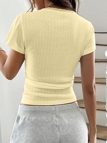 KIGRAD Women Y2k Lace Trim Scoop Neck Short Sleeve Henley Baby Tee Shirts Button Front Preppy Pointelle Fitted Crop Tops - Medium - Yellow thumbnail 3