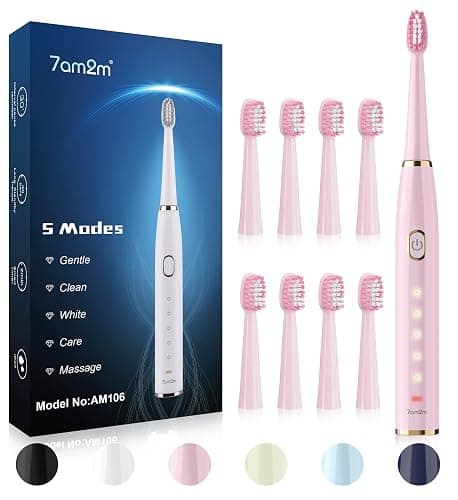 7AM2M Sonic Electric Toothbrush for Adults and Kids High Power Rechargeable | 8 Brush Heads,5 Adjustable Modes, Built-in 2-Minute Smart Timer,4 Hours Fast Charge for 30 Days(Pink) - Image 1