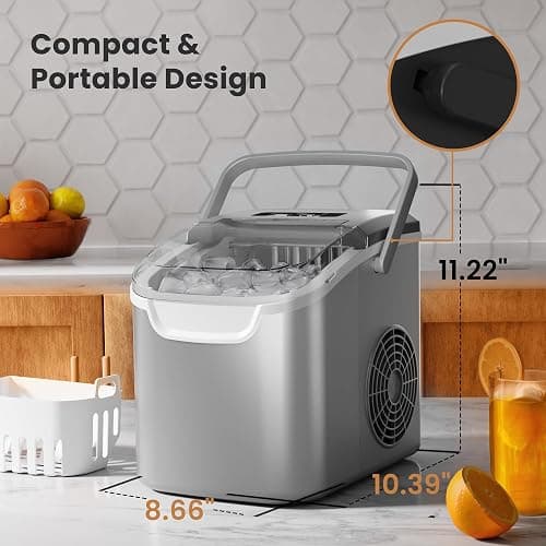 Portable Countertop Ice Maker Machine with Handle, 9 Bullet-Shaped Ice Cubes Ready in 6 Mins, 26Lbs/24H, Self-Cleaning Function with Ice Scoop and Basket for Home/Kitchen/Party (Grey) thumbnail 8