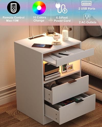 Yusong LED Nightstand Bedside Table with Charging Station 2 Drawers, White Modern Sofa Couch End Side Table with LED Lights and Pull-Out Shelf for Bedroom Living Room, Wooden thumbnail 4