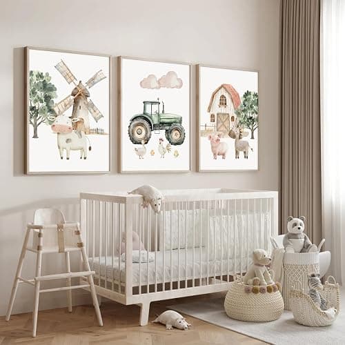 Nursery Farm Animal Wall Art Decor Baby Animal Canvas Prints Nursery Kids Farmhouse Poster Farm Cow Pig Pictures Wall Decor Green Tractor Painting Artwork for Children Bedroom 12x16 Inch Unframed 3Pcs thumbnail 5