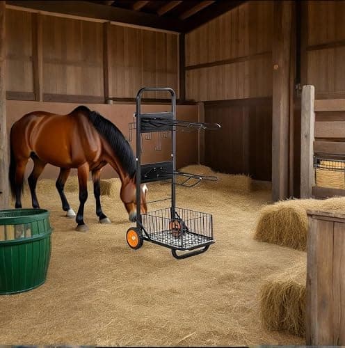 Rolling Horse Saddle Rack Cart Foldable Saddle Pad Rack Stand 3 Tier Heavy Duty with Removable Saddle Stands & Storage Basket, Horse Tack Organizer for Stable Storage, Moving, Transport Supplies thumbnail 2
