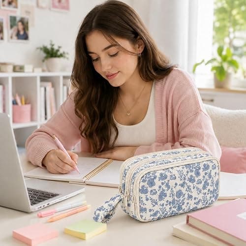 Shirabags Cute Quilted Pencil Case for Girls, 3 Compartment Organizer | Large Capacity Pencil Case,Soft Quilted Floral Design with 3 Zipper Compartments For School Office Travel (Blue Floral) thumbnail 2
