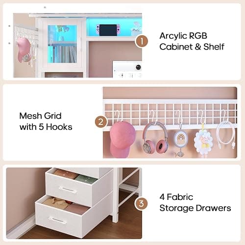 ADORNEVE Gaming Loft Bed Twin Size with Desk & RGB Hutch, White | 4 Storage Drawers, Safety Power Outlet, Metal Loft Bed with RGB Lights, Space Saving for Girls Small Room, Guardrail & Ladder thumbnail 5