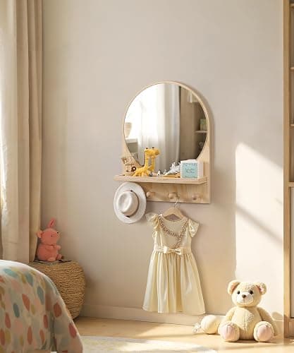 Maxpeuvon Nursery Wall Shelf with Mirror, Natural Wood Boho Arch Design | 14 x 18 Inch Wall Mounted Organizer and Decor for Nursery, Kids Room, Living Room, Entryway and Bathroom thumbnail 2