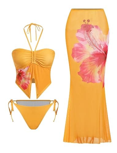 ZAFUL Women 3 Piece Bikini with Cover Up Skirt Halter Bandeau Swimsuit Floral Tie Side Cheeky Bathing Suit - Image 1