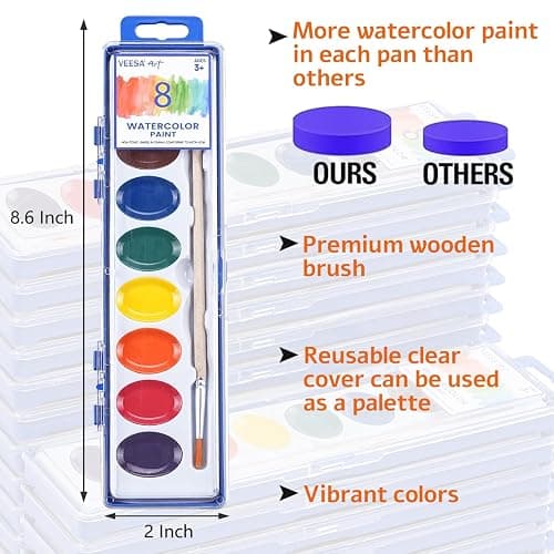 Watercolor Paint Set for Kids (8 Colors), 24 Pack Washable Watercolor + 24 Woodbrushes, Water Color Paint for Classroom, Party Favors and Art Activities thumbnail 2