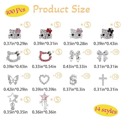 Pizadix 100 pcs 3D Sliver Nail Charms Y2K Cute Nail Charms Set with Kity, Butterfly, Bow, Star, Heart,Cross for Nail Art Decoration Y2K thumbnail 2