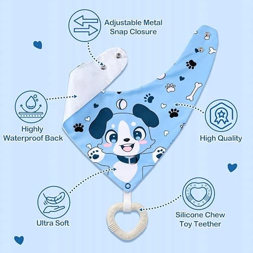Littleforbig Adult Bib Waterproof 2-in-1 Little Blue Bandana Bib with Dog Biscuit Teether - Soft Milk Silk Cartoon Puppy Bib & Silicone Chew Toy Teether Set for Playful Littles thumbnail 2