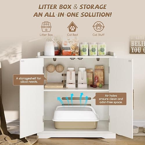 Halitaa Cat Litter Box Enclosure Furniture, Hidden Litter Box Furniture with Removable Dividers, Reversible Entrance Can Be on Left or Right Side, for Hallway, Bedroom, White, 31.4" L thumbnail 3