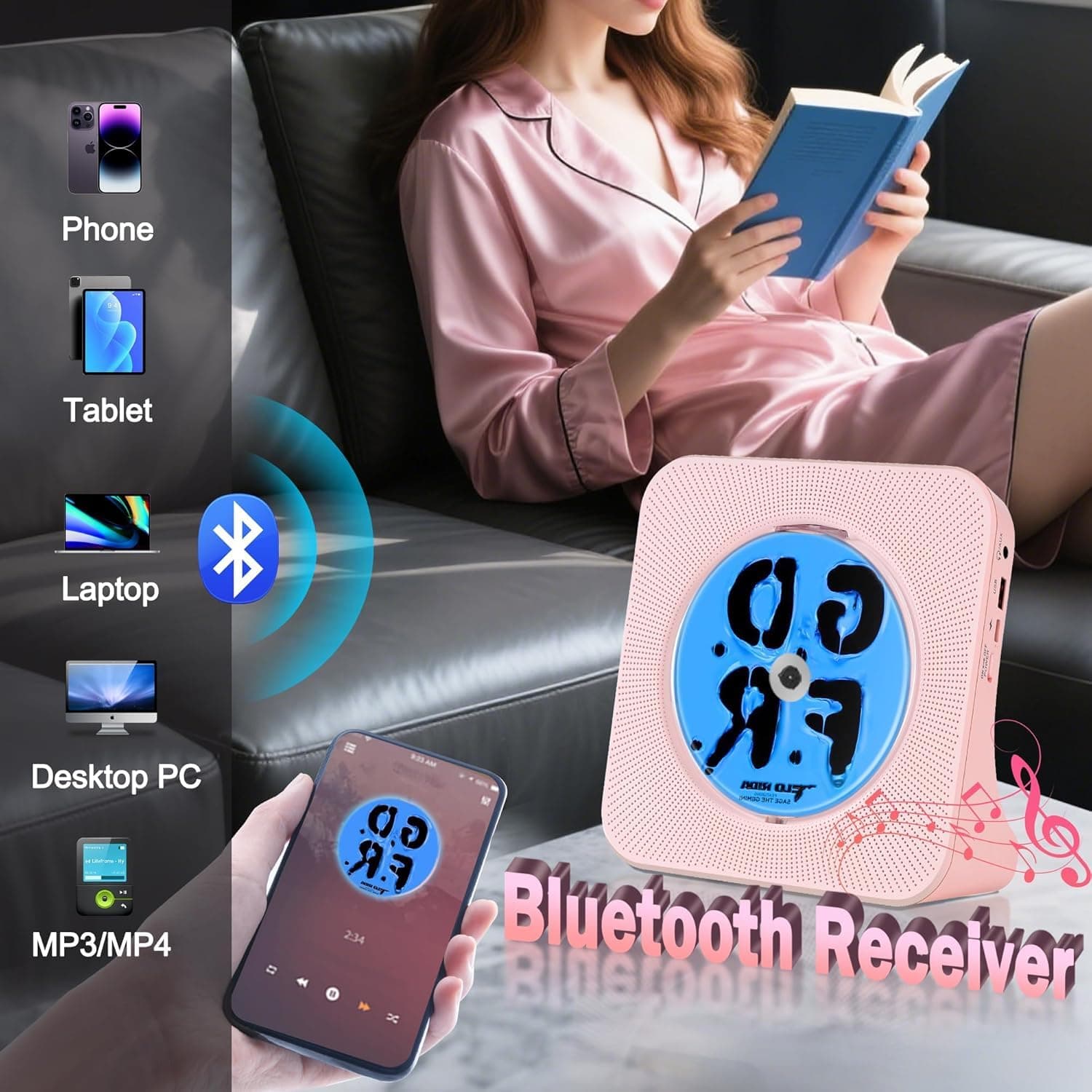 Pink CD Player Bluetooth, Portable Desktop CD Player with Speakers | Kpop Music Boombox with Bluetooth/FM Radio/AUX/USB Input, Timer Setting, LED Display, Small Cute CD Player Gift for Kids thumbnail 4