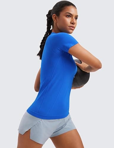 CRZ YOGA Seamless Workout Tops for Women Short Sleeve Athletic Tees Breathable Gym Running Yoga Shirts - Medium - Sparkle Blue thumbnail 4