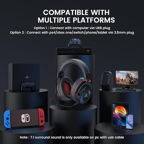 EKSA E900Pro Gaming Headset for PC PS5 PS4, Wired Headphones with Detachable Noise Cancelling Mic, 7.1 Surround Sound, USB&3.5mm Cable, LED Light, Over-Ear USB Gaming Headphones for Xbox One (Black) thumbnail 9