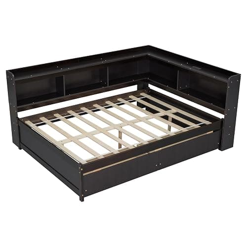 SEHAONOHOME Full Size Wood Daybed with Two Drawers and Storage Bookcases, Multifunctional Sofa Bed with Power Outlets and USB Charging Ports, Espresso - Espresso With Drawer - Full thumbnail 5