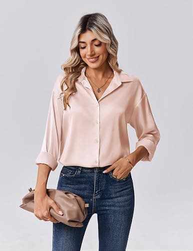 Zeagoo Womens Tops Long Sleeve Satin Silk Button Down Shirts Casual Business Dressy Blouses Fall Clothes thumbnail 3