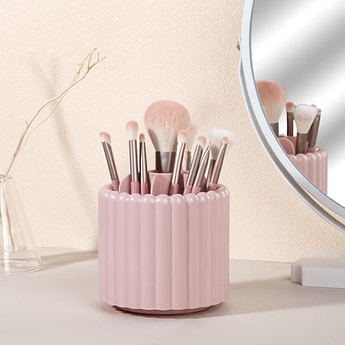 Rotating Makeup Brush Holder Organizer with Removable Dividers, Pink | 7 Slots Make Up Brush Organizer 360 Spinning Cosmetic Storage Pen Holder for Desk, Vanity, Dresser thumbnail 3