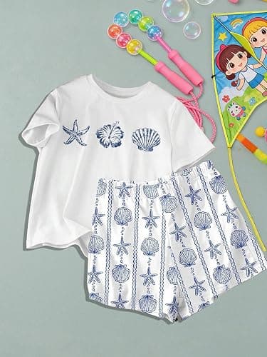 Girls 2-Piece Summer Outfits, Blue Sea Star and Shell Print White Tee and Shorts Set for Teens Girl 13-16 Years thumbnail 3
