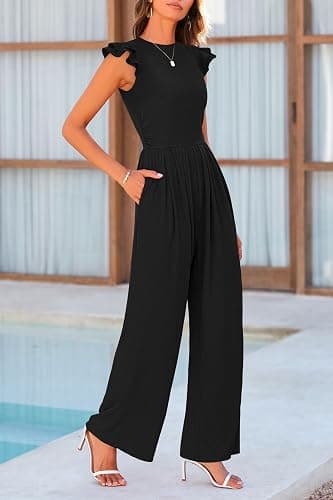 PRETTYGARDEN Summer Jumpsuits for Women Dressy 2025 Fashion Ruffle Cap Sleeve Romper Crew Neck Rib Knit One Piece Outfits thumbnail 4