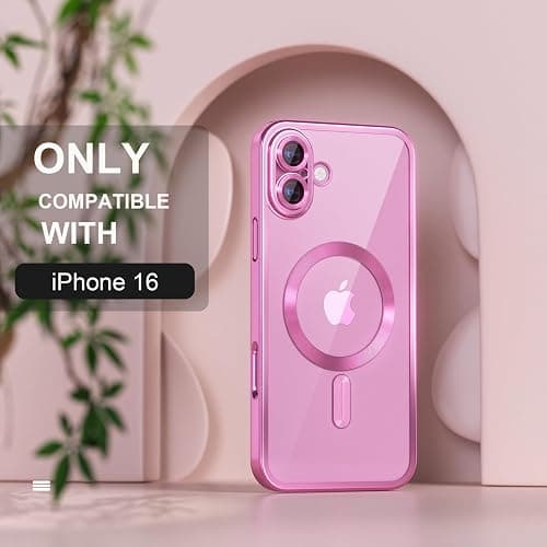 Misea Magnetic for iPhone 16 Case Compatible with MagSafe [Never Yellowing] [Military Grade Drop Protection] Full Camera Lens Protector Plating Soft Clear Phone Case for Women 6.1 inch, Hot Pink thumbnail 2