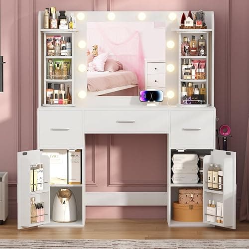 EasyCom Vanity Desk with Rotating Jewelry Organizers, Makeup Vanity with Mirror and Lights, Dressing Table with USB-C Charging Station, 3 Drawers and 2 Cabinets for Bedroom, Dressing Room, White thumbnail 4