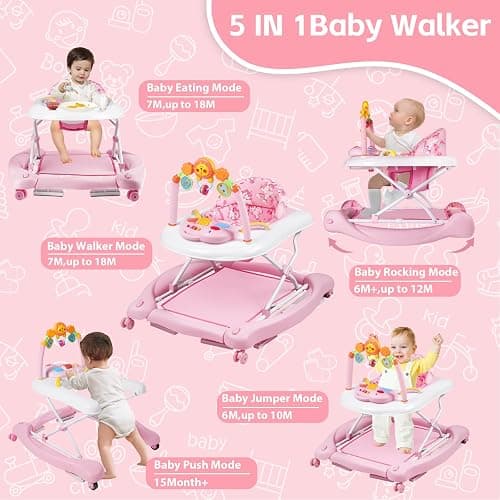 RefoereBabe 5 in 1 Foldable Baby Walker for Boys Girls Infant 6-12 Months | Walkers for Babies with Bouncer, Rocker, Feeding Tray, Music, Adjustable Heights & Wheels, Seat Activity Walker thumbnail 3