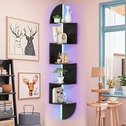 Corner Shelf, 5 Tier Bookshelf with LED Light, Corner Shelf Wall Mounted, Floating Shelves for Wall, Display Stand for Bedroom, Living Room, Bathroom, Home, Office, Black - Black - 5 Tier thumbnail 3