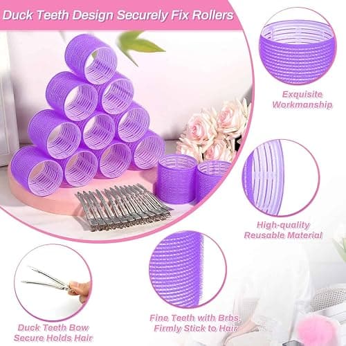 Jumbo Hair Curlers Set - 24 Pieces with 12 Large Rollers and 12 Clips for Adding Volume to Long, Thick Hair (Purple) thumbnail 4