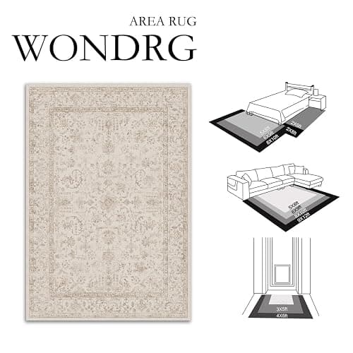 WondRg 8x10 Beige Neutral Living Room Area Rug | Washable, Low Pile, Accent, Vintage, Soft, Non Slip, Carpet for Bedroom Dining Room Nursery Office Indoor Home Decor thumbnail 2