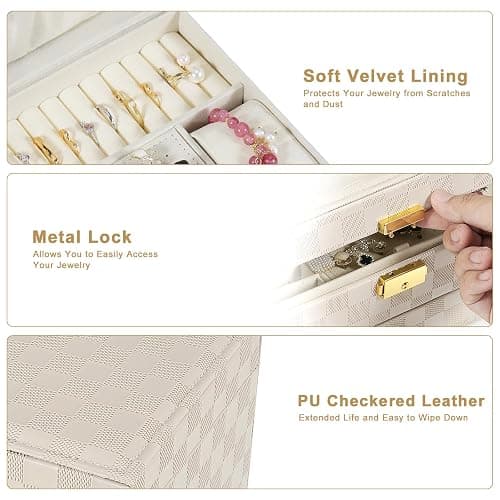 GUOER Jewelry Box for Women Girl Wife - Large PU Leather Jewelry Organizer Storage Case with Two Layers Display for Earrings Bracelets Rings Watches (Light Khaki) thumbnail 5