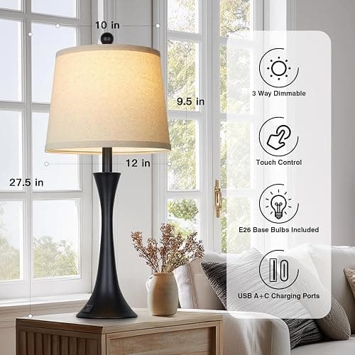 Rinweey 27.5" Table Lamps Set of 2, Touch Bedside Lamps with USB C+A Ports, 3 Way Dimmable Nightstand Lamps for Bedroom, Living Room, Office, Black Lamp with Beige Lampshade, Bulbs Included thumbnail 4
