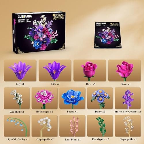 CUBIMANA Flowers Bouquet Building Set with LED Light, 21 Flower Botanical Collection Building Block Toy, Rose Lily Home Plant Decor 1054PCS for Her Adults Women Kids Girls 12+ (Purple) thumbnail 8