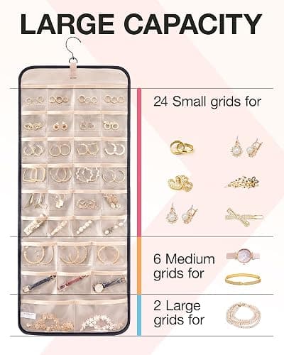 BAGSMART Hanging Jewelry Organizer Storage Roll with Hanger Metal Hooks Double-Sided Jewelry Holder for Earrings, Necklaces, Rings on Closet, Wall, Door, 1 piece, Large, Black thumbnail 4
