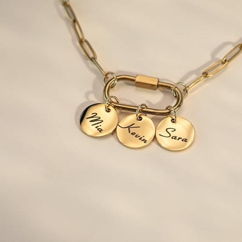 MignonandMignon Custom Carabiner Coin Charm Necklace with Kids Names,Birthday Gift for Mom, Handmade Jewelry for Her, Grandma Gift -P-LOCK-CN thumbnail 4