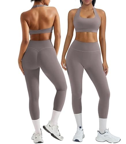 OMKAGI 2 Piece Workout Sets for Women Halter Sports Bras Gym Sets Booty Leggings Outfits - Image 1