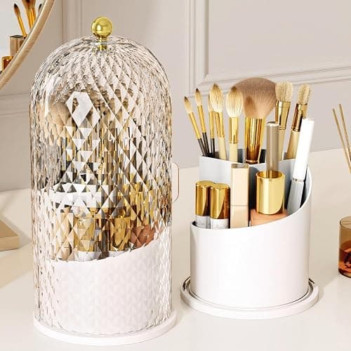 RONGZHIERK Makeup Brush Holder with Lid，Makeup Brush Storage Box with Diamond Pattern，360 Rotating Waterproof and Dustproof Beauty Brushes Storage for Vanity Bathroom,White - Image 1