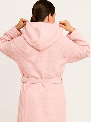 o-day Peignoir nid d'abeille pour femme et peignoir en coton avec capuche, poches et ceinture, léger et de voyage S-XXXL thumbnail 2