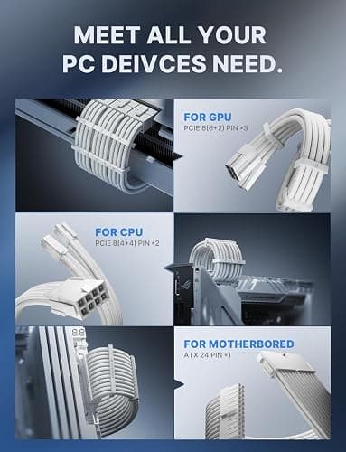 AsiaHorse Power Supply Sleeved Cable, 16 AWG PSU Extension Cable Kit of White Connector, 1x24Pin/2x4+4 EPS/3x6+2 PCI-E, 30cm Length with Combs-White thumbnail 7