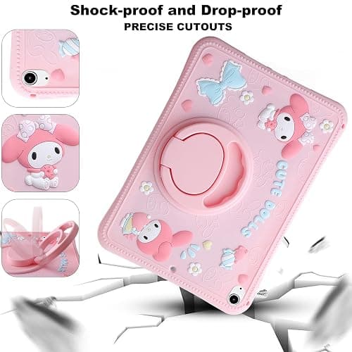 Carechoi Kids Case for iPad (A16) 11th Generation 11 inch 2025 / iPad 10th Gen 10.9" 2022 – Cute 3D Cartoon Silicone Tablet Cover for Girls with 360° Rotating Stand, Adjustable Strap (Pink) thumbnail 6