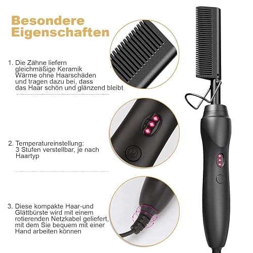 PREMIUM Professional Wunderkamm 2 in 1 Glätteisen I Keramik Haar- und Glättbürste zum Locken, Glätten, Kämmen und Stylen der Haare I Hot heat comb hair straightener für Damen und Frauen (Schwarz) thumbnail 4