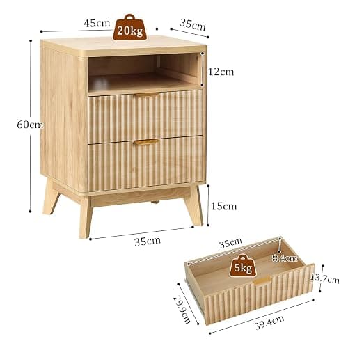 LYNCOHOME 2 Drawer Fluted Nightstand - Wooden Side Table with Open Storage Cabinet & Wood Legs for Bedroom - 1 Pack thumbnail 3