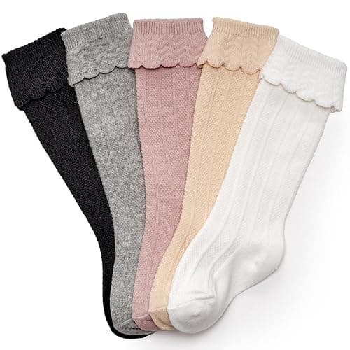 CozyWay Baby & Toddler Knee High Socks For Baby Girls Multi Color - 5 Pack - 0-6 Months - White/Black/Gray/Tan/Pink